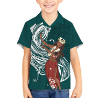 Tahiti Islands Polynesian Plumeria Family Matching Off Shoulder Maxi Dress and Hawaiian Shirt Tahitian Vahine 'Ote'a - Teal LT7 Son's Shirt Teal - Polynesian Pride