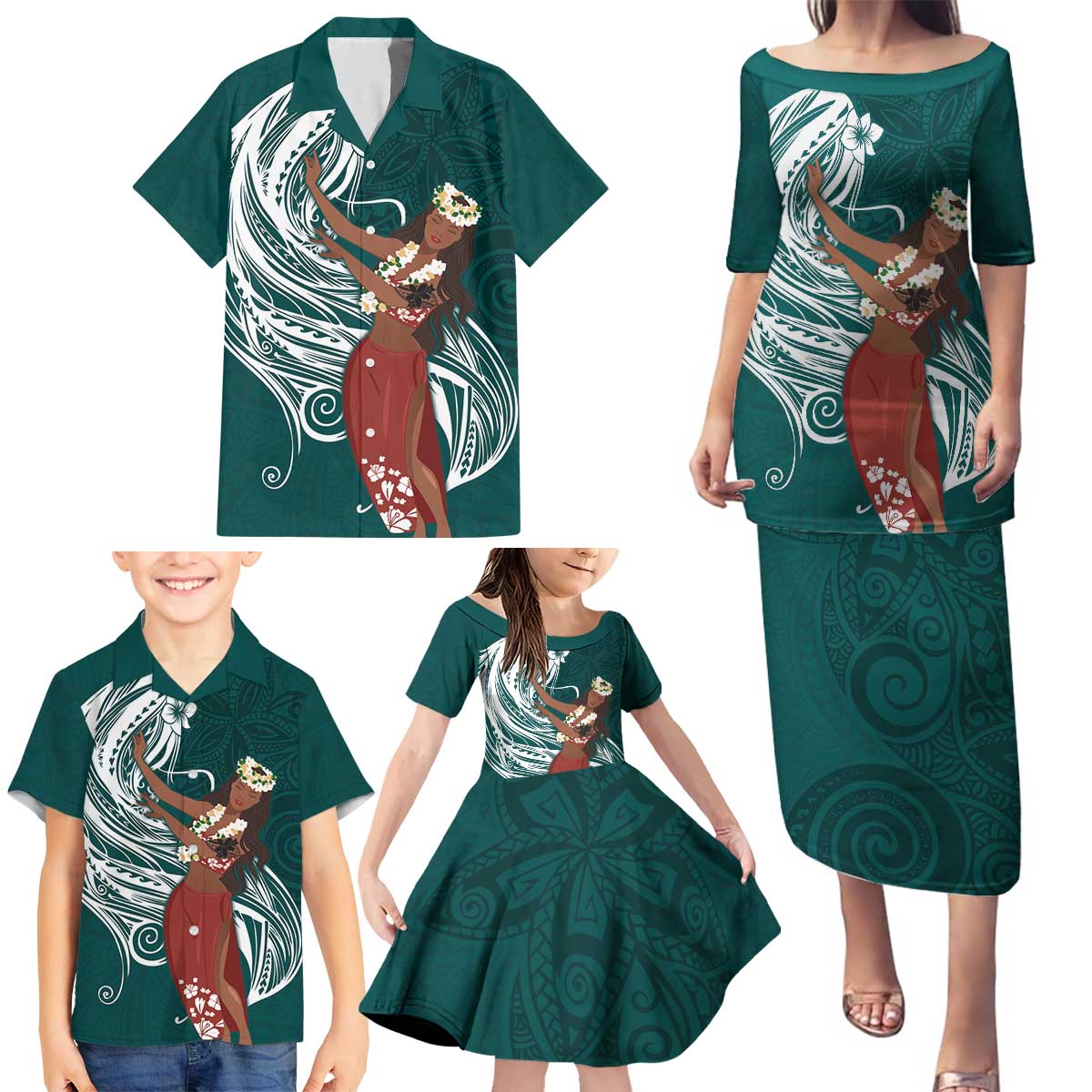 Tahiti Islands Polynesian Plumeria Family Matching Puletasi and Hawaiian Shirt Tahitian Vahine 'Ote'a - Teal LT7 - Polynesian Pride
