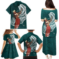 Tahiti Islands Polynesian Plumeria Family Matching Puletasi and Hawaiian Shirt Tahitian Vahine 'Ote'a - Teal LT7 - Polynesian Pride