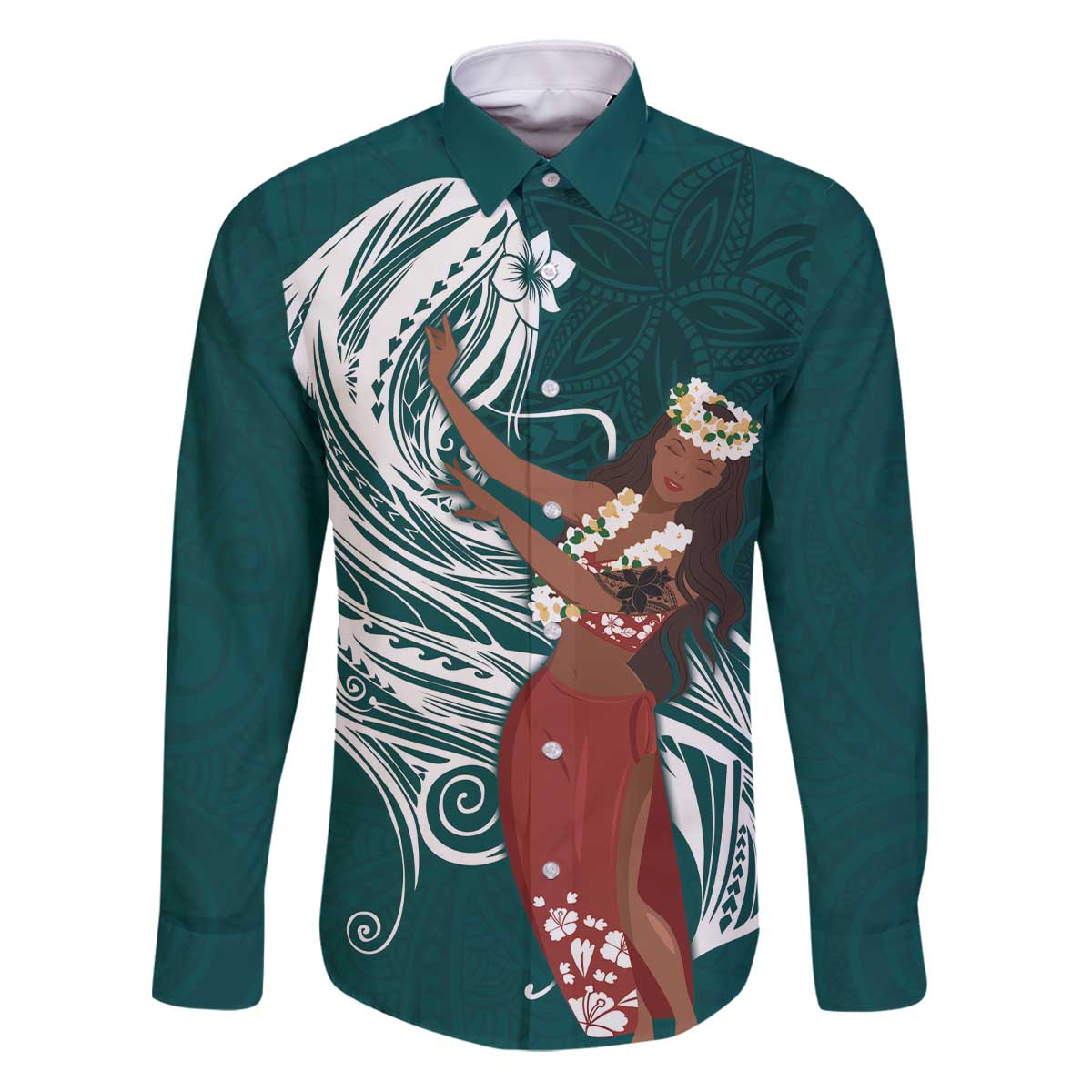 Tahiti Islands Polynesian Plumeria Family Matching Puletasi and Hawaiian Shirt Tahitian Vahine 'Ote'a - Teal LT7 Dad's Shirt - Long Sleeve Teal - Polynesian Pride