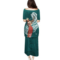 Tahiti Islands Polynesian Plumeria Family Matching Puletasi and Hawaiian Shirt Tahitian Vahine 'Ote'a - Teal LT7 - Polynesian Pride