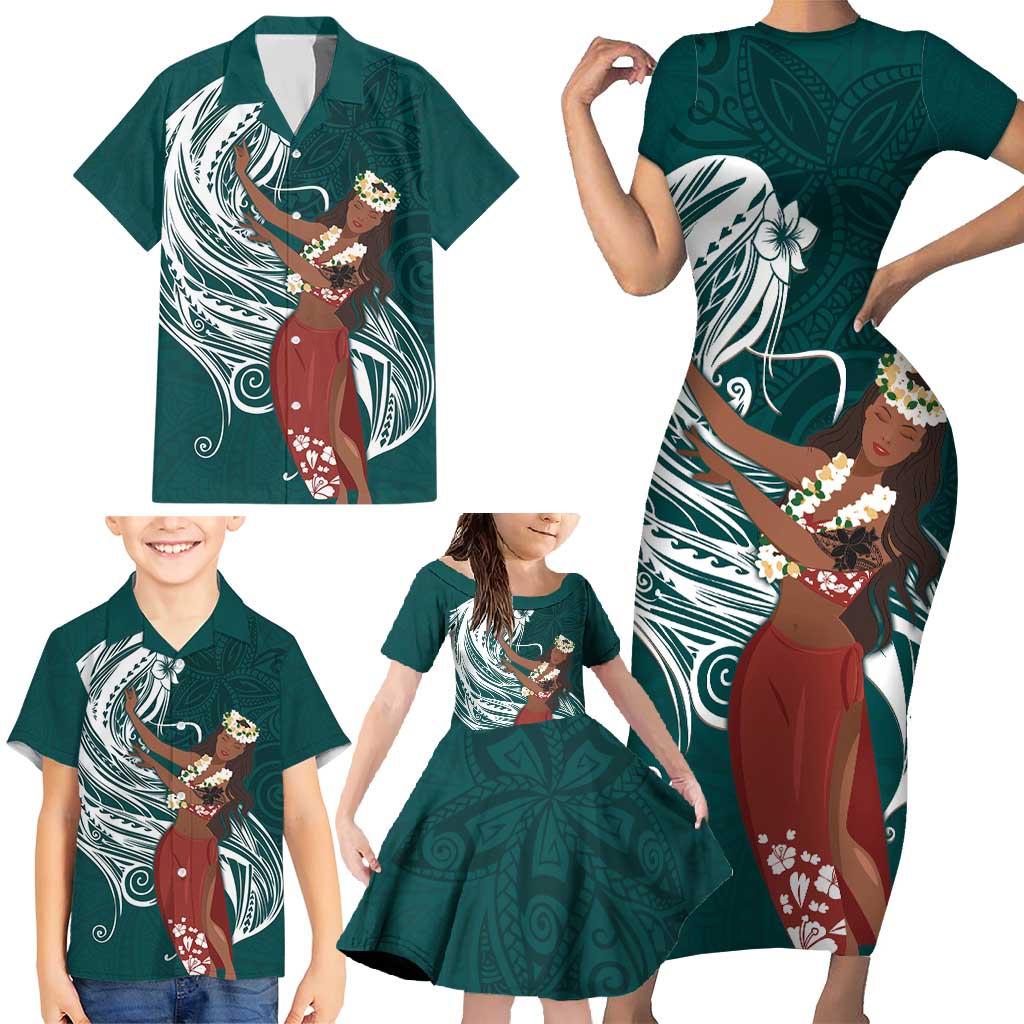 Tahiti Islands Polynesian Plumeria Family Matching Short Sleeve Bodycon Dress and Hawaiian Shirt Tahitian Vahine 'Ote'a - Teal LT7 - Polynesian Pride