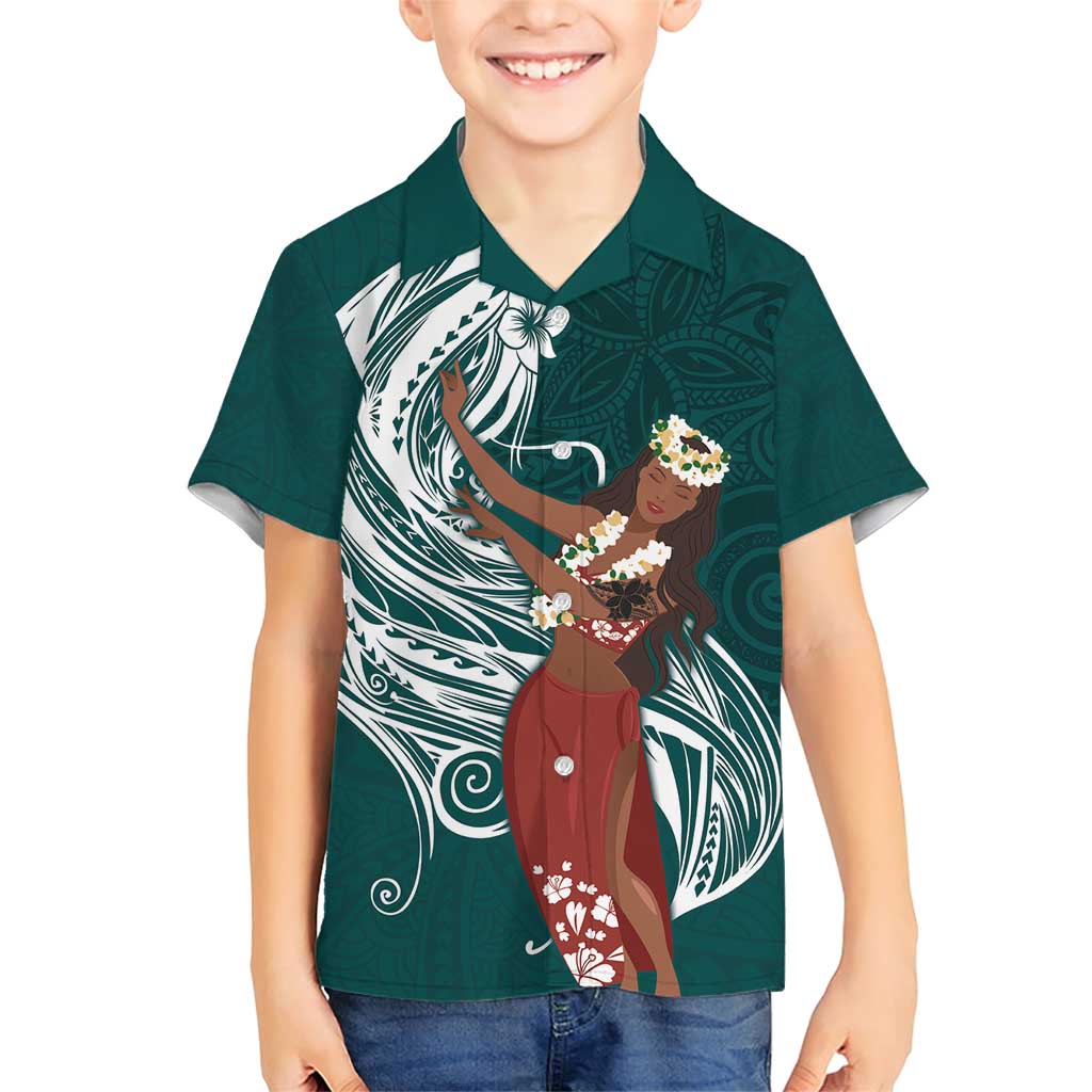 Tahiti Islands Polynesian Plumeria Family Matching Short Sleeve Bodycon Dress and Hawaiian Shirt Tahitian Vahine 'Ote'a - Teal LT7 Son's Shirt Teal - Polynesian Pride