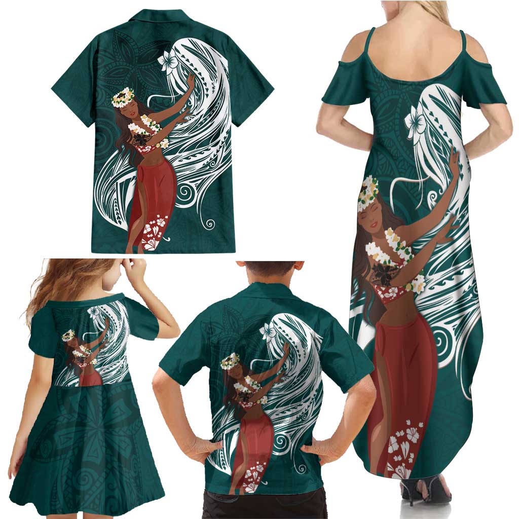 Tahiti Islands Polynesian Plumeria Family Matching Summer Maxi Dress and Hawaiian Shirt Tahitian Vahine 'Ote'a - Teal LT7 - Polynesian Pride