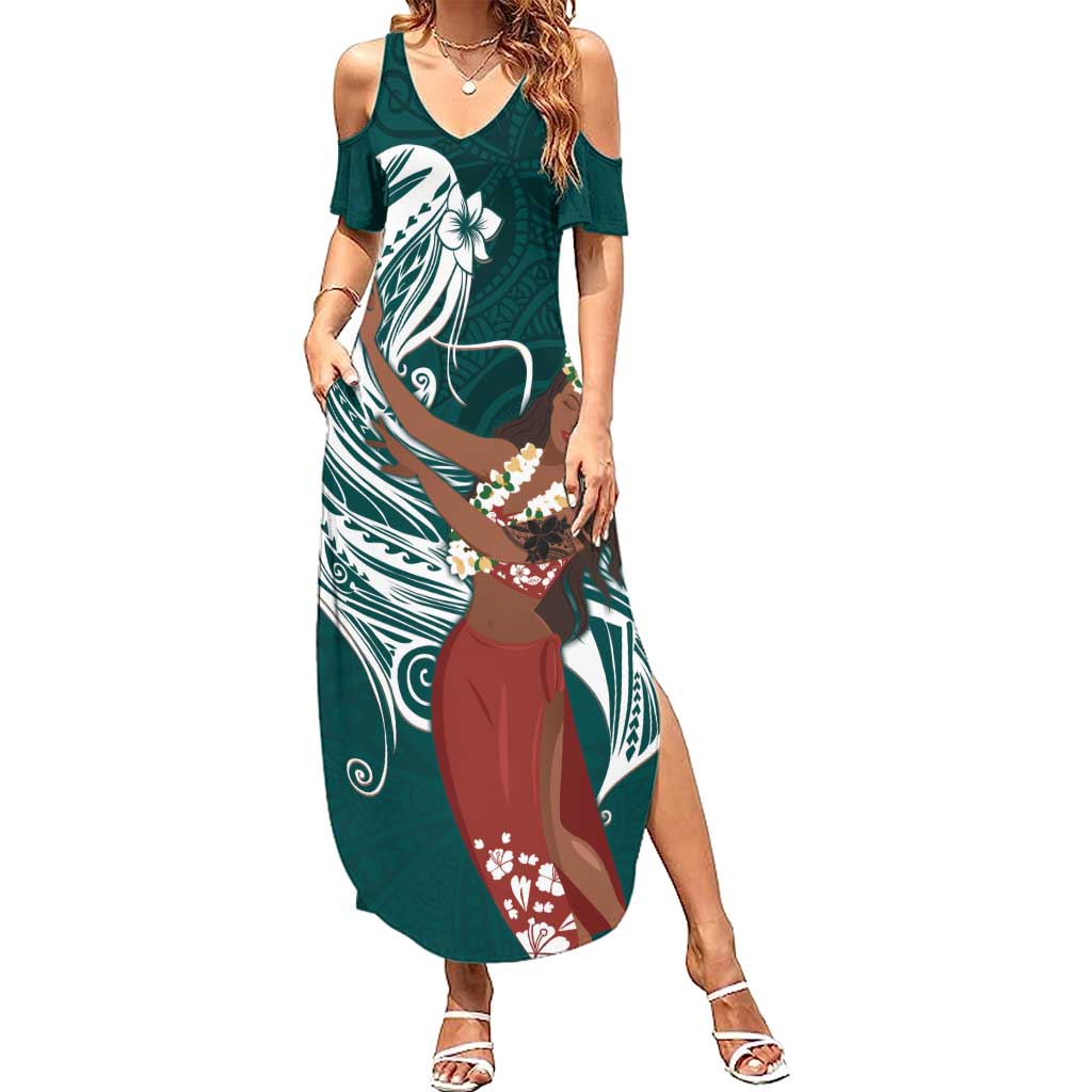 Tahiti Islands Polynesian Plumeria Family Matching Summer Maxi Dress and Hawaiian Shirt Tahitian Vahine 'Ote'a - Teal LT7 Mom's Dress Teal - Polynesian Pride