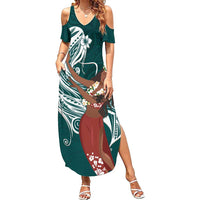 Tahiti Islands Polynesian Plumeria Family Matching Summer Maxi Dress and Hawaiian Shirt Tahitian Vahine 'Ote'a - Teal LT7 Mom's Dress Teal - Polynesian Pride
