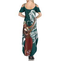 Tahiti Islands Polynesian Plumeria Family Matching Summer Maxi Dress and Hawaiian Shirt Tahitian Vahine 'Ote'a - Teal LT7 - Polynesian Pride
