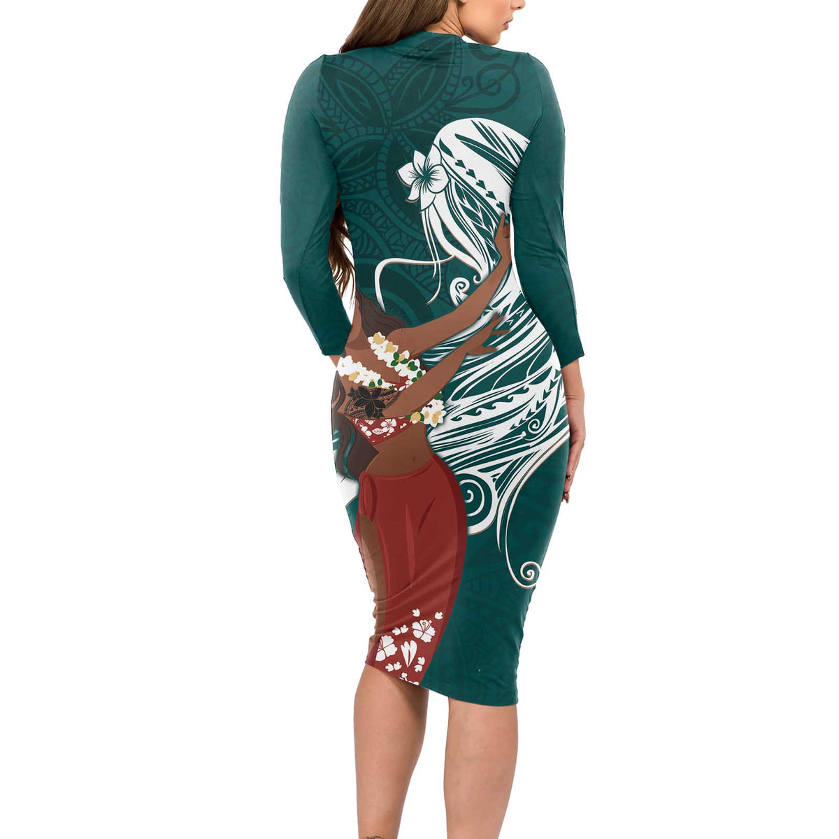 Tahiti Islands Polynesian Plumeria Long Sleeve Bodycon Dress Tahitian Vahine 'Ote'a - Teal LT7 - Polynesian Pride