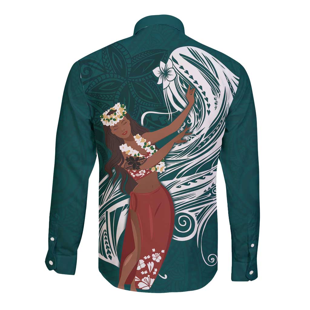 Tahiti Islands Polynesian Plumeria Long Sleeve Button Shirt Tahitian Vahine 'Ote'a - Teal