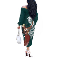Tahiti Islands Polynesian Plumeria Off The Shoulder Long Sleeve Dress Tahitian Vahine 'Ote'a - Teal LT7 - Polynesian Pride