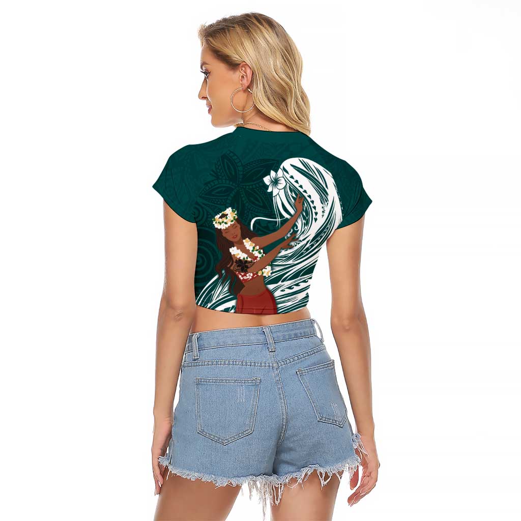 Tahiti Islands Polynesian Plumeria Raglan Cropped T Shirt Tahitian Vahine 'Ote'a - Teal
