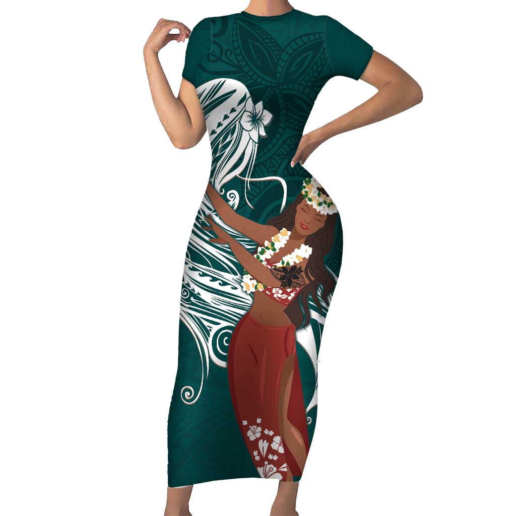 Tahiti Islands Polynesian Plumeria Short Sleeve Bodycon Dress Tahitian Vahine 'Ote'a - Teal LT7 Long Dress Teal - Polynesian Pride