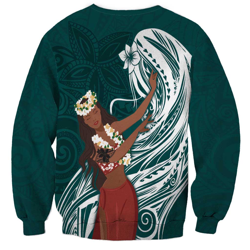 Tahiti Islands Polynesian Plumeria Sweatshirt Tahitian Vahine 'Ote'a - Teal LT7 - Polynesian Pride