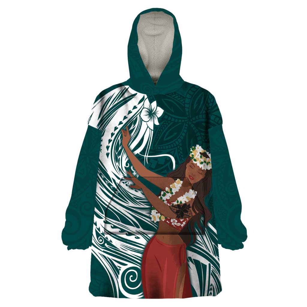 Tahiti Islands Polynesian Plumeria Wearable Blanket Hoodie Tahitian Vahine 'Ote'a - Teal LT7 One Size Teal - Polynesian Pride