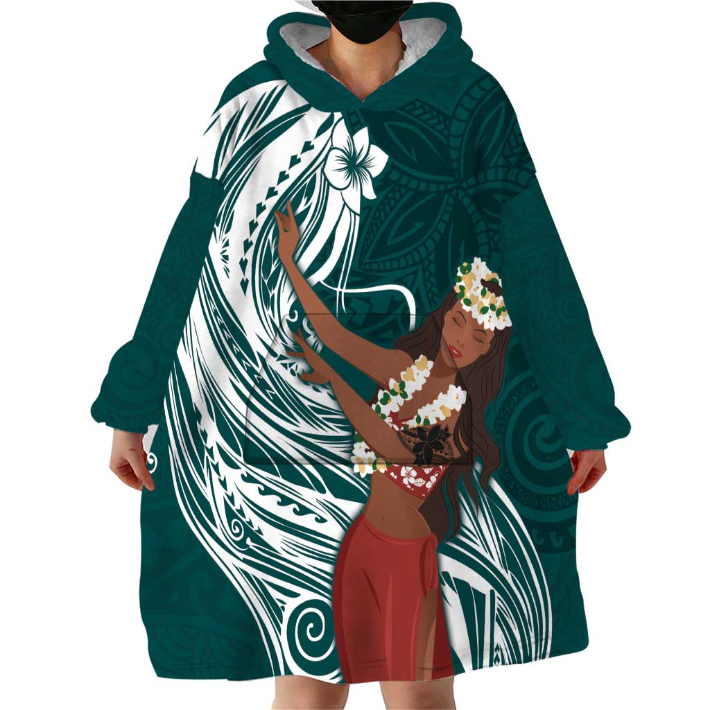 Tahiti Islands Polynesian Plumeria Wearable Blanket Hoodie Tahitian Vahine 'Ote'a - Teal LT7 - Polynesian Pride
