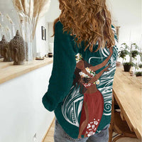 Tahiti Islands Polynesian Plumeria Women Casual Shirt Tahitian Vahine 'Ote'a - Teal LT7 - Polynesian Pride
