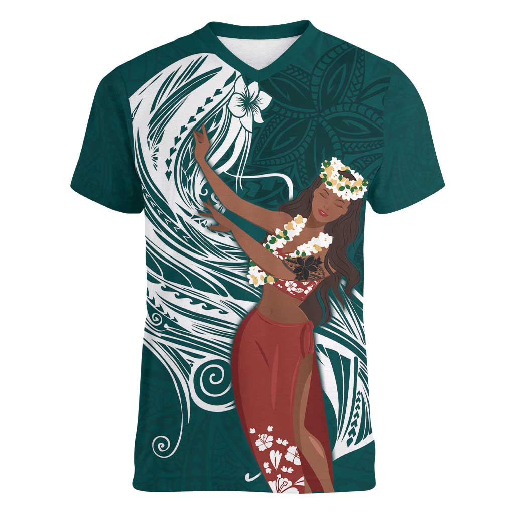 Tahiti Islands Polynesian Plumeria Women V-Neck T-Shirt Tahitian Vahine 'Ote'a - Teal LT7 Female Teal - Polynesian Pride