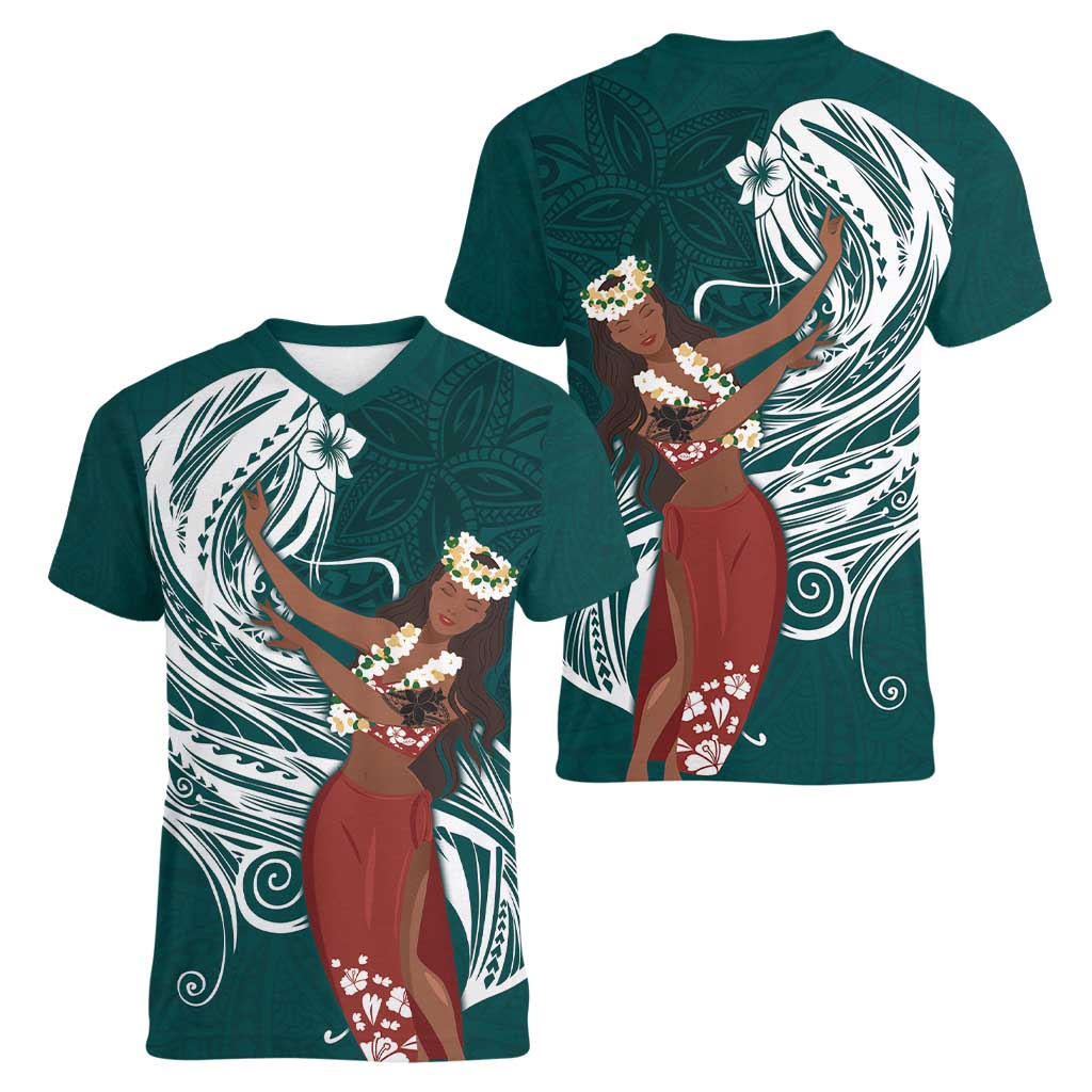 Tahiti Islands Polynesian Plumeria Women V-Neck T-Shirt Tahitian Vahine 'Ote'a - Teal LT7 - Polynesian Pride