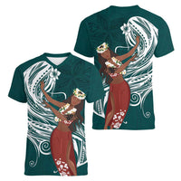 Tahiti Islands Polynesian Plumeria Women V-Neck T-Shirt Tahitian Vahine 'Ote'a - Teal LT7 - Polynesian Pride