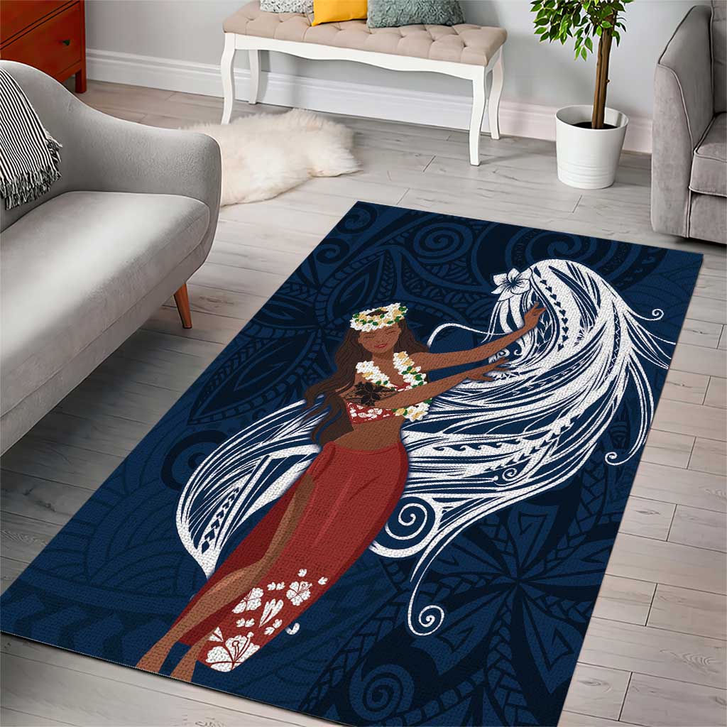 Tahiti Islands Polynesian Plumeria Area Rug Tahitian Vahine 'Ote'a - Navy Blue