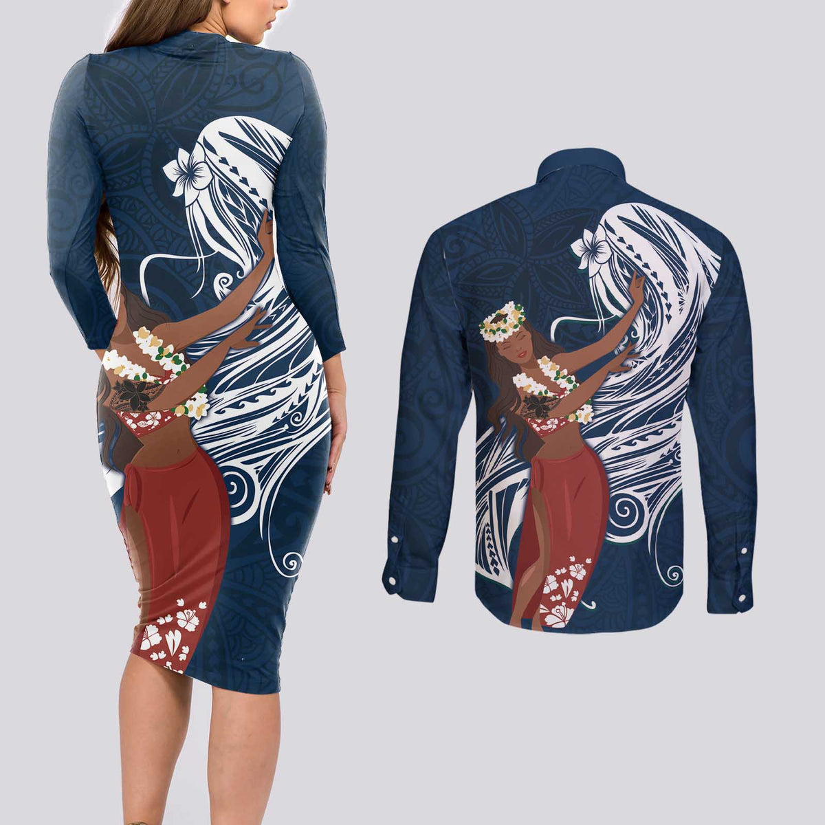 Tahiti Islands Polynesian Plumeria Couples Matching Long Sleeve Bodycon Dress and Long Sleeve Button Shirt Tahitian Vahine 'Ote'a - Navy Blue LT7 - Polynesian Pride