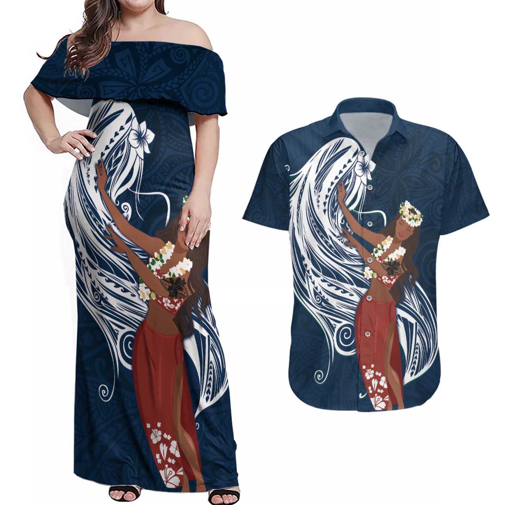 Tahiti Islands Polynesian Plumeria Couples Matching Off Shoulder Maxi Dress and Hawaiian Shirt Tahitian Vahine 'Ote'a - Navy Blue LT7 Blue - Polynesian Pride