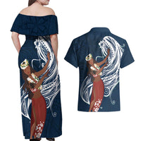 Tahiti Islands Polynesian Plumeria Couples Matching Off Shoulder Maxi Dress and Hawaiian Shirt Tahitian Vahine 'Ote'a - Navy Blue LT7 - Polynesian Pride