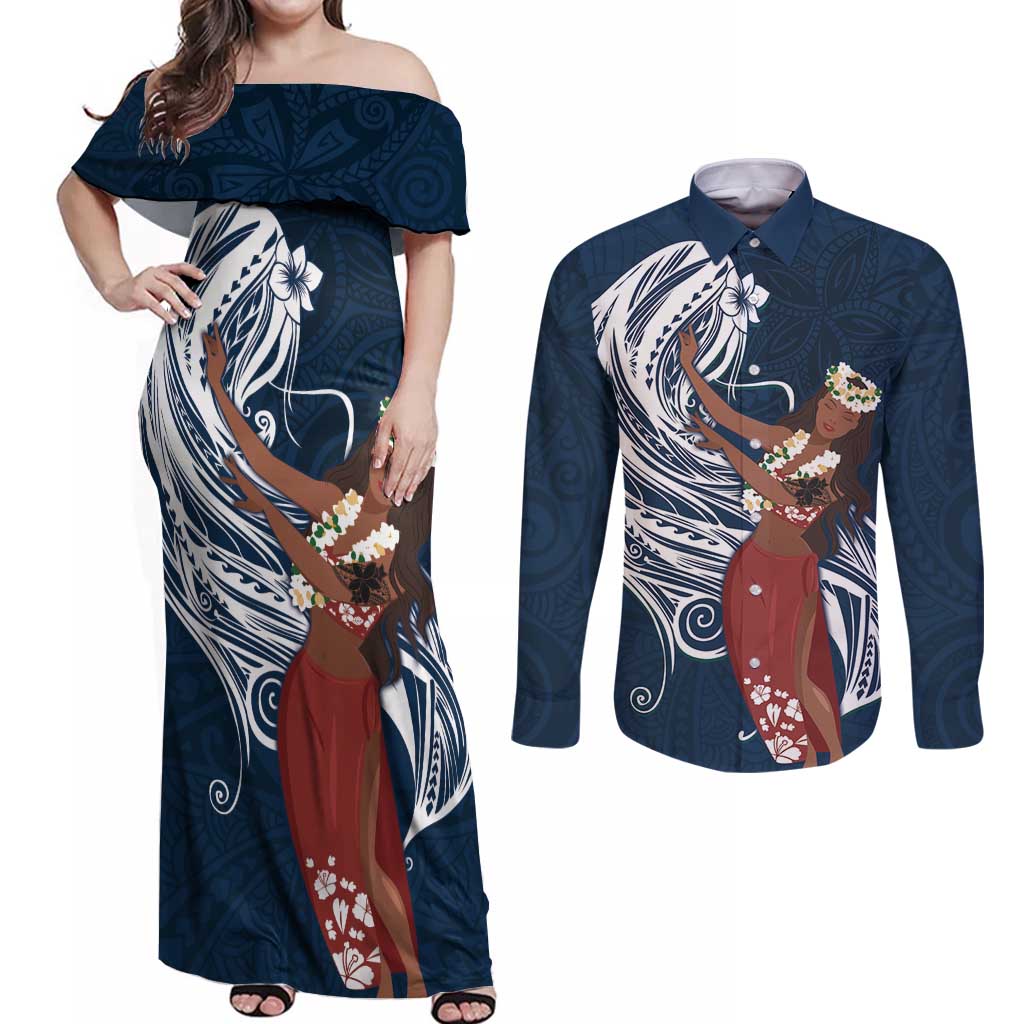 Tahiti Islands Polynesian Plumeria Couples Matching Off Shoulder Maxi Dress and Long Sleeve Button Shirt Tahitian Vahine 'Ote'a - Navy Blue LT7 Blue - Polynesian Pride