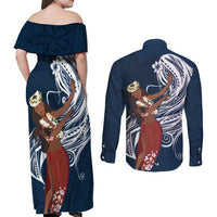 Tahiti Islands Polynesian Plumeria Couples Matching Off Shoulder Maxi Dress and Long Sleeve Button Shirt Tahitian Vahine 'Ote'a - Navy Blue LT7 - Polynesian Pride