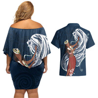 Tahiti Islands Polynesian Plumeria Couples Matching Off Shoulder Short Dress and Hawaiian Shirt Tahitian Vahine 'Ote'a - Navy Blue LT7 - Polynesian Pride