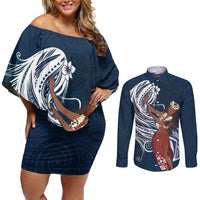 Tahiti Islands Polynesian Plumeria Couples Matching Off Shoulder Short Dress and Long Sleeve Button Shirt Tahitian Vahine 'Ote'a - Navy Blue LT7 Blue - Polynesian Pride