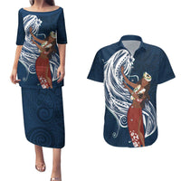 Tahiti Islands Polynesian Plumeria Couples Matching Puletasi and Hawaiian Shirt Tahitian Vahine 'Ote'a - Navy Blue LT7 Blue - Polynesian Pride