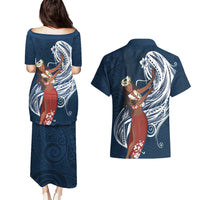 Tahiti Islands Polynesian Plumeria Couples Matching Puletasi and Hawaiian Shirt Tahitian Vahine 'Ote'a - Navy Blue LT7 - Polynesian Pride
