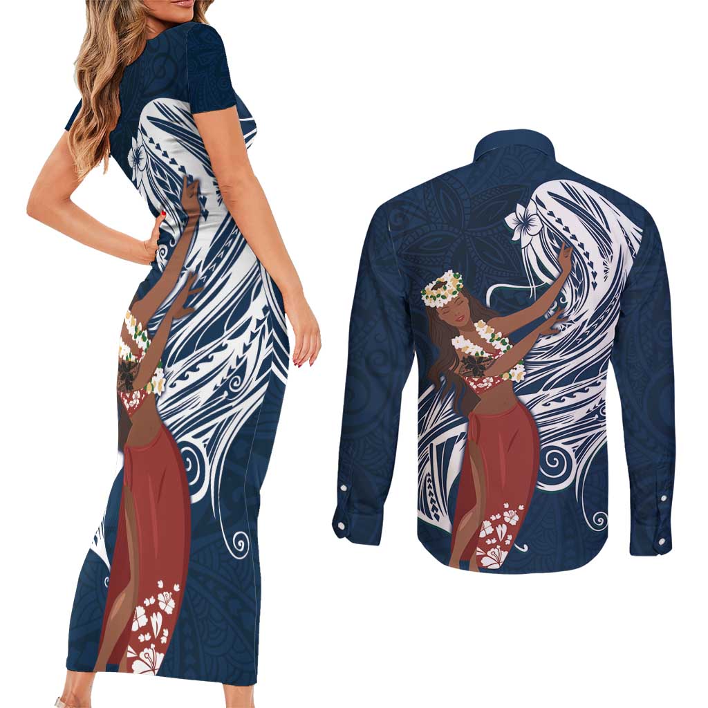 Tahiti Islands Polynesian Plumeria Couples Matching Short Sleeve Bodycon Dress and Long Sleeve Button Shirt Tahitian Vahine 'Ote'a - Navy Blue LT7 - Polynesian Pride