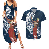 Tahiti Islands Polynesian Plumeria Couples Matching Summer Maxi Dress and Hawaiian Shirt Tahitian Vahine 'Ote'a - Navy Blue LT7 Blue - Polynesian Pride
