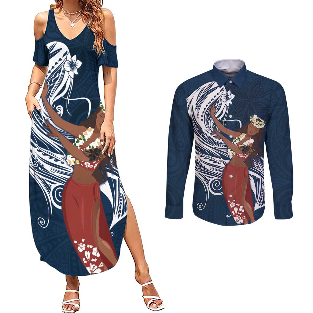 Tahiti Islands Polynesian Plumeria Couples Matching Summer Maxi Dress and Long Sleeve Button Shirt Tahitian Vahine 'Ote'a - Navy Blue LT7 Blue - Polynesian Pride