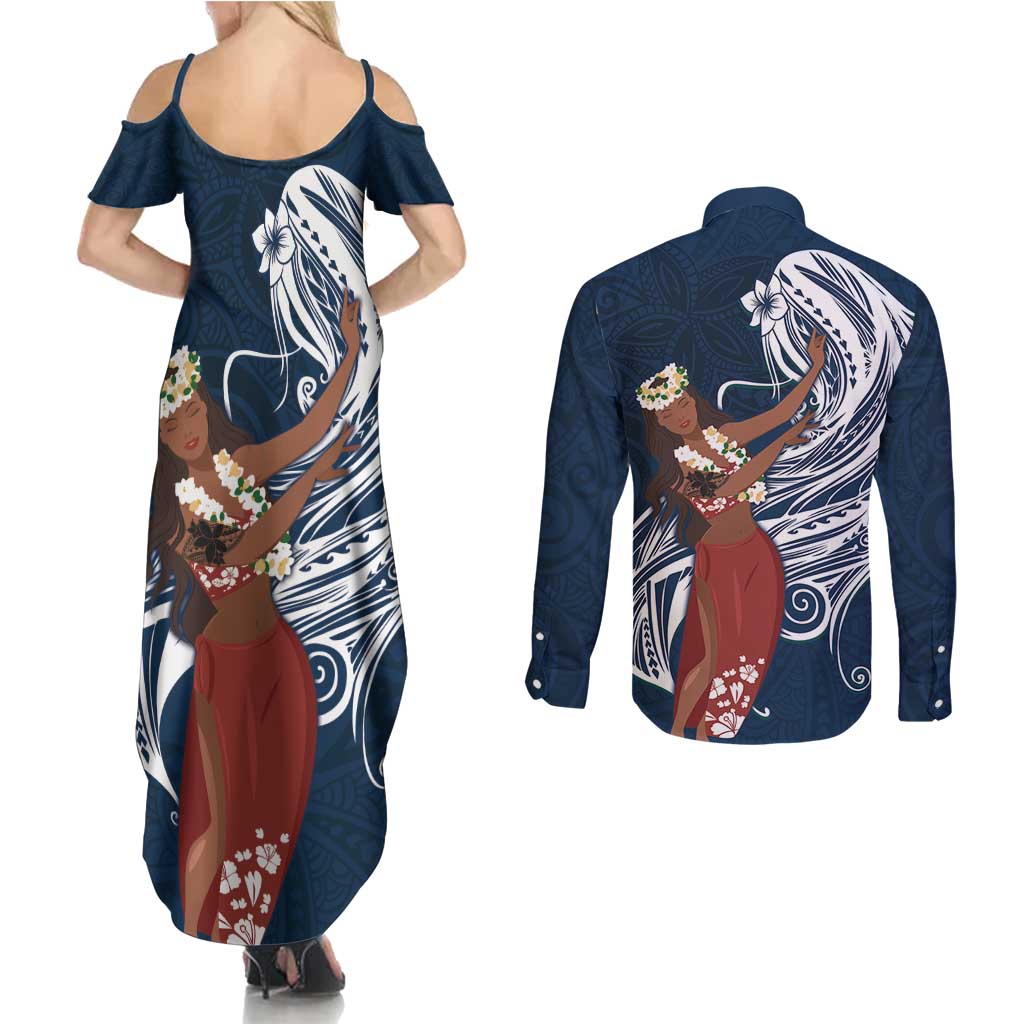 Tahiti Islands Polynesian Plumeria Couples Matching Summer Maxi Dress and Long Sleeve Button Shirt Tahitian Vahine 'Ote'a - Navy Blue LT7 - Polynesian Pride