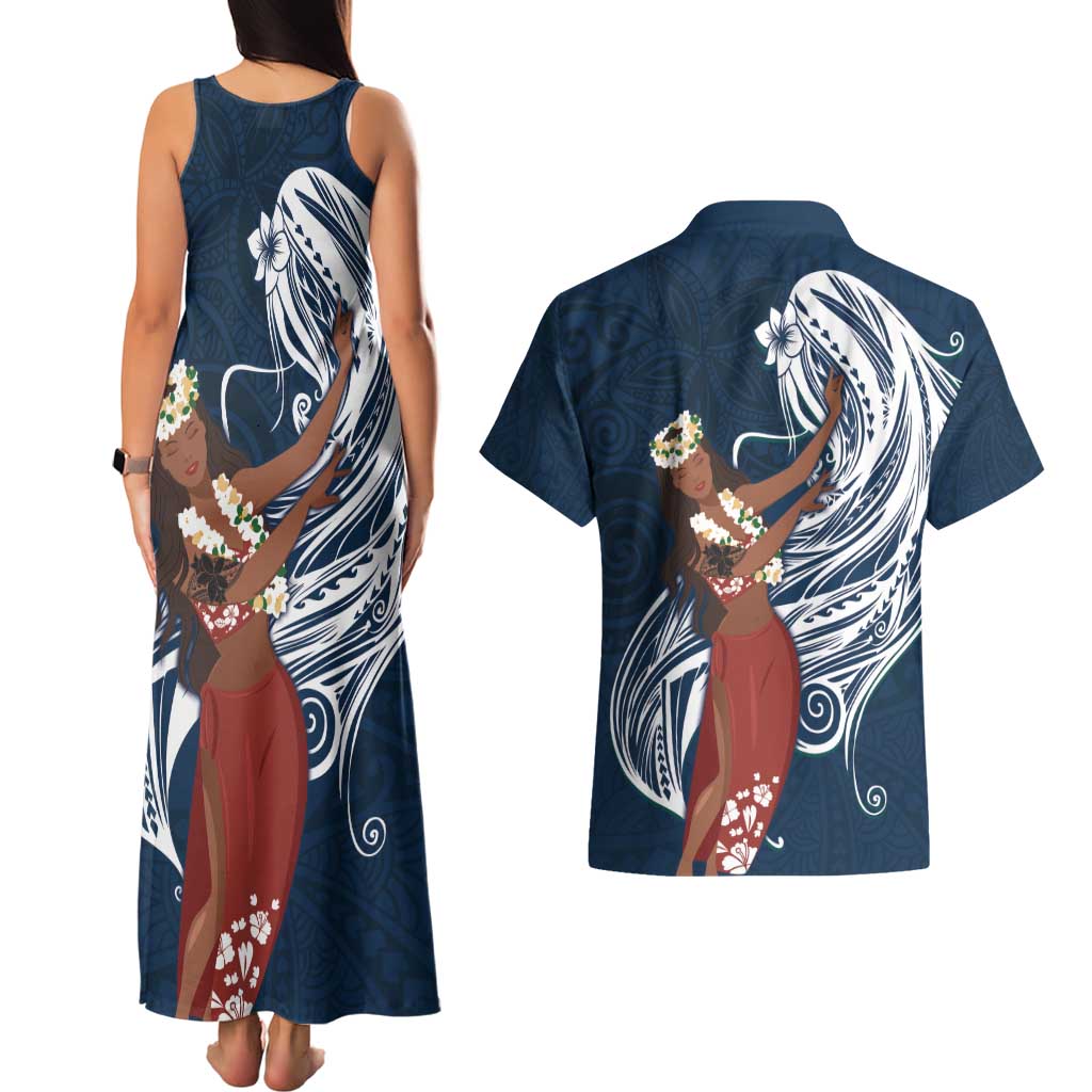 Tahiti Islands Polynesian Plumeria Couples Matching Tank Maxi Dress and Hawaiian Shirt Tahitian Vahine 'Ote'a - Navy Blue LT7 - Polynesian Pride