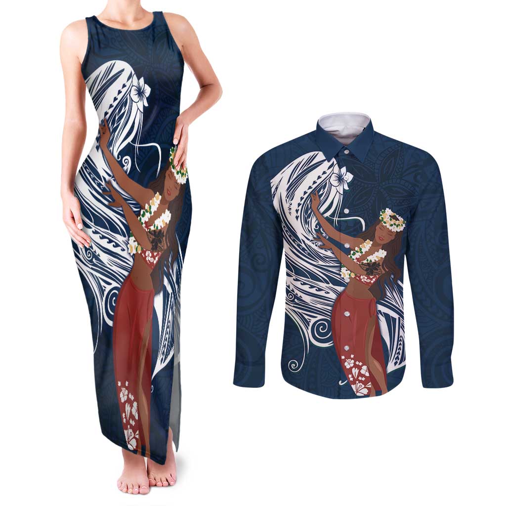 Tahiti Islands Polynesian Plumeria Couples Matching Tank Maxi Dress and Long Sleeve Button Shirt Tahitian Vahine 'Ote'a - Navy Blue LT7 Blue - Polynesian Pride