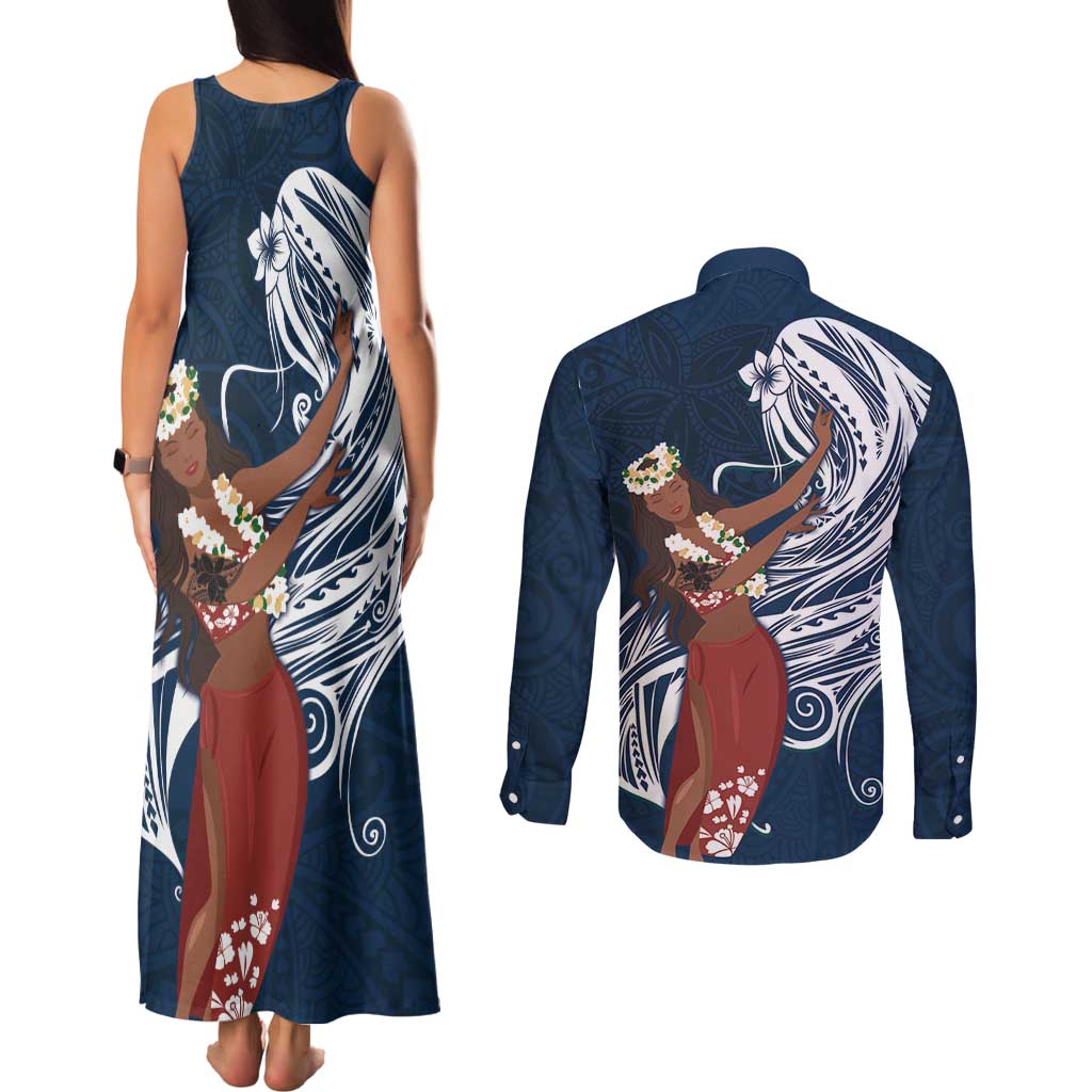Tahiti Islands Polynesian Plumeria Couples Matching Tank Maxi Dress and Long Sleeve Button Shirt Tahitian Vahine 'Ote'a - Navy Blue LT7 - Polynesian Pride
