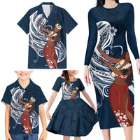 Tahiti Islands Polynesian Plumeria Family Matching Long Sleeve Bodycon Dress and Hawaiian Shirt Tahitian Vahine 'Ote'a - Navy Blue LT7 - Polynesian Pride