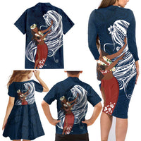Tahiti Islands Polynesian Plumeria Family Matching Long Sleeve Bodycon Dress and Hawaiian Shirt Tahitian Vahine 'Ote'a - Navy Blue LT7 - Polynesian Pride