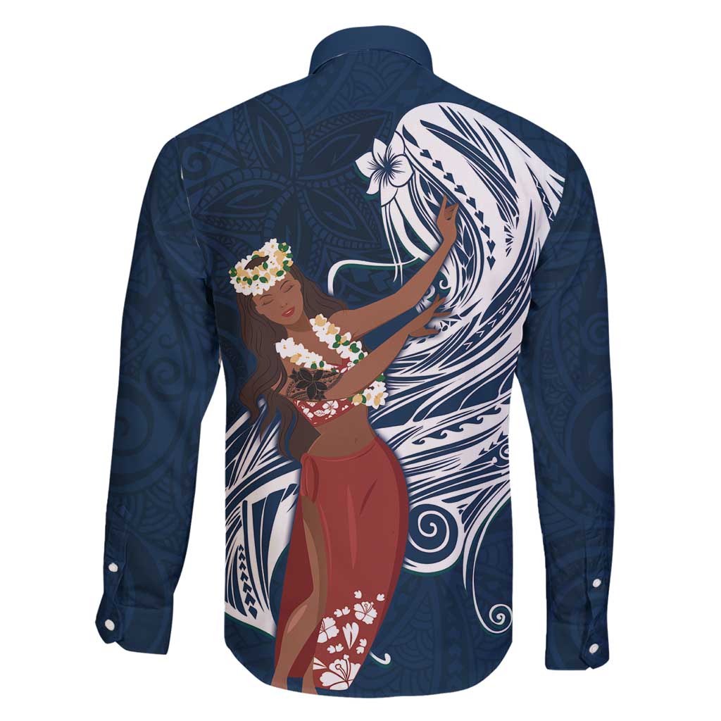 Tahiti Islands Polynesian Plumeria Family Matching Long Sleeve Bodycon Dress and Hawaiian Shirt Tahitian Vahine 'Ote'a - Navy Blue LT7 - Polynesian Pride
