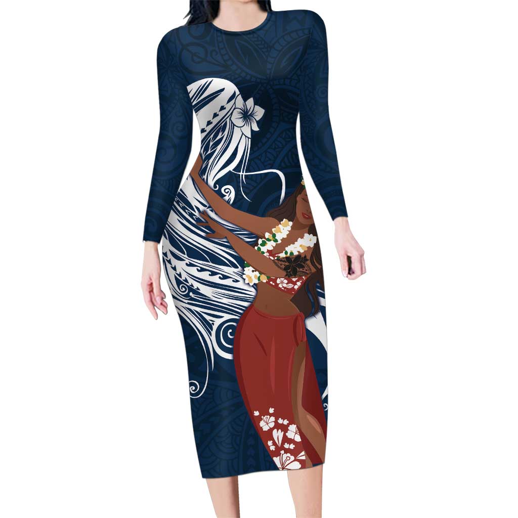 Tahiti Islands Polynesian Plumeria Family Matching Long Sleeve Bodycon Dress and Hawaiian Shirt Tahitian Vahine 'Ote'a - Navy Blue LT7 Mom's Dress Blue - Polynesian Pride