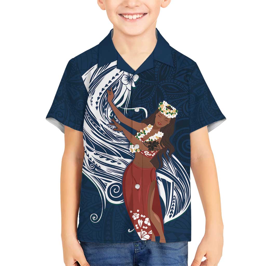 Tahiti Islands Polynesian Plumeria Family Matching Long Sleeve Bodycon Dress and Hawaiian Shirt Tahitian Vahine 'Ote'a - Navy Blue LT7 Son's Shirt Blue - Polynesian Pride