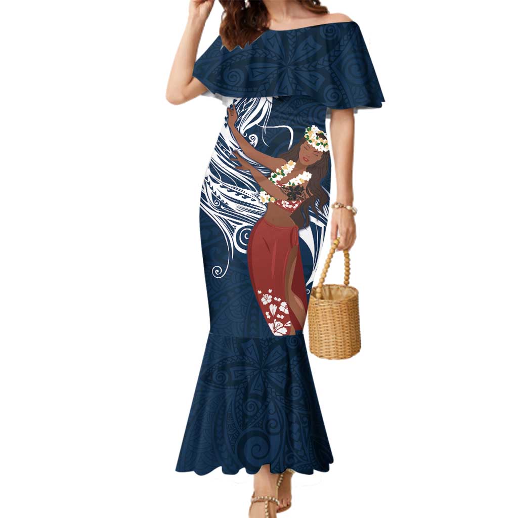 Tahiti Islands Polynesian Plumeria Family Matching Mermaid Dress and Hawaiian Shirt Tahitian Vahine 'Ote'a - Navy Blue LT7 Mom's Dress Blue - Polynesian Pride