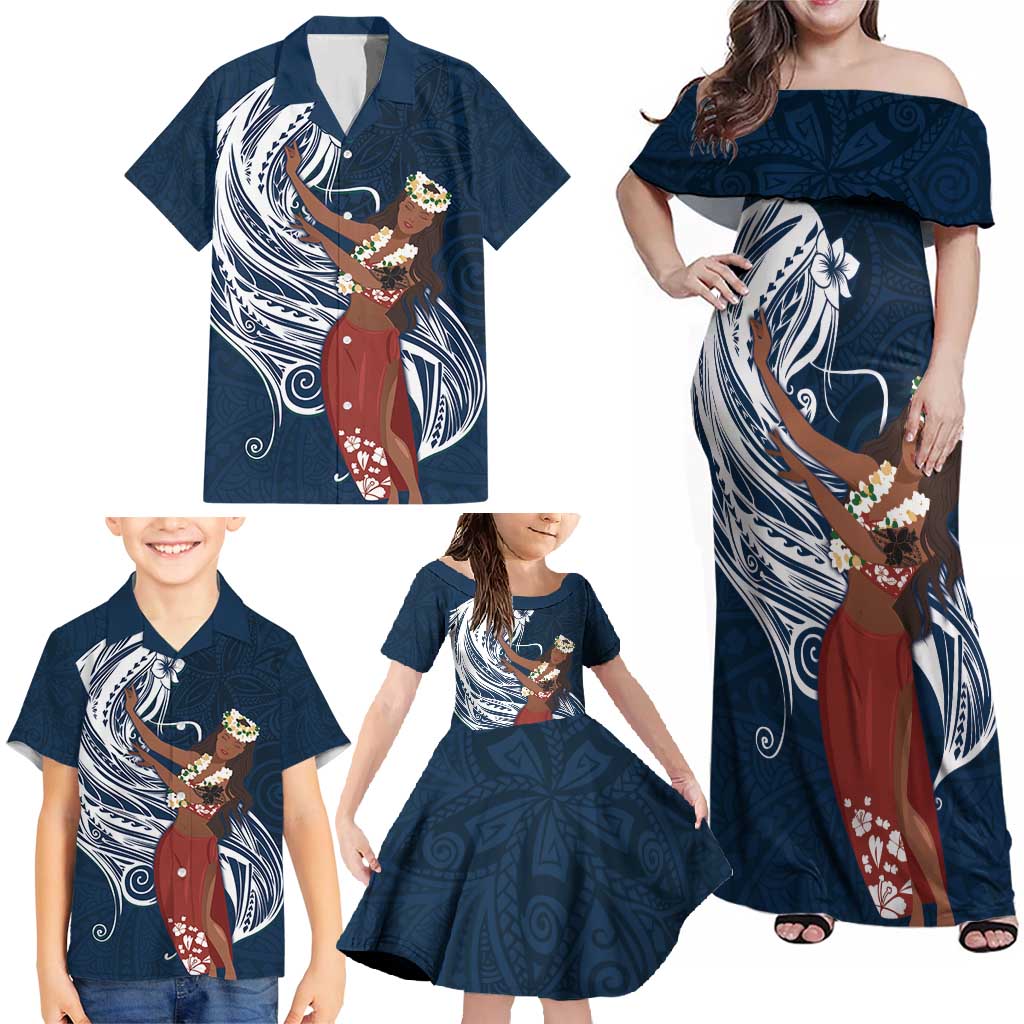 Tahiti Islands Polynesian Plumeria Family Matching Off Shoulder Maxi Dress and Hawaiian Shirt Tahitian Vahine 'Ote'a - Navy Blue LT7 - Polynesian Pride