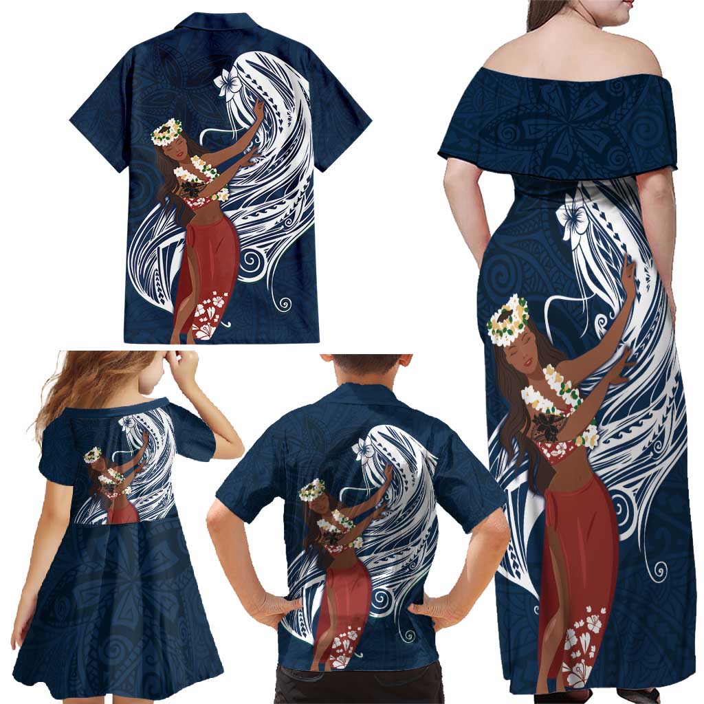Tahiti Islands Polynesian Plumeria Family Matching Off Shoulder Maxi Dress and Hawaiian Shirt Tahitian Vahine 'Ote'a - Navy Blue LT7 - Polynesian Pride