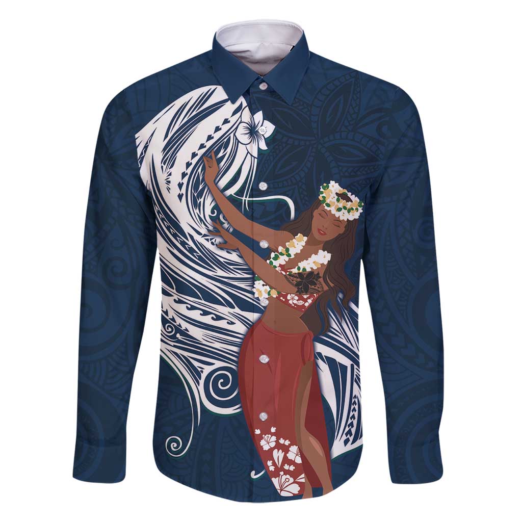 Tahiti Islands Polynesian Plumeria Family Matching Off Shoulder Maxi Dress and Hawaiian Shirt Tahitian Vahine 'Ote'a - Navy Blue LT7 Dad's Shirt - Long Sleeve Blue - Polynesian Pride