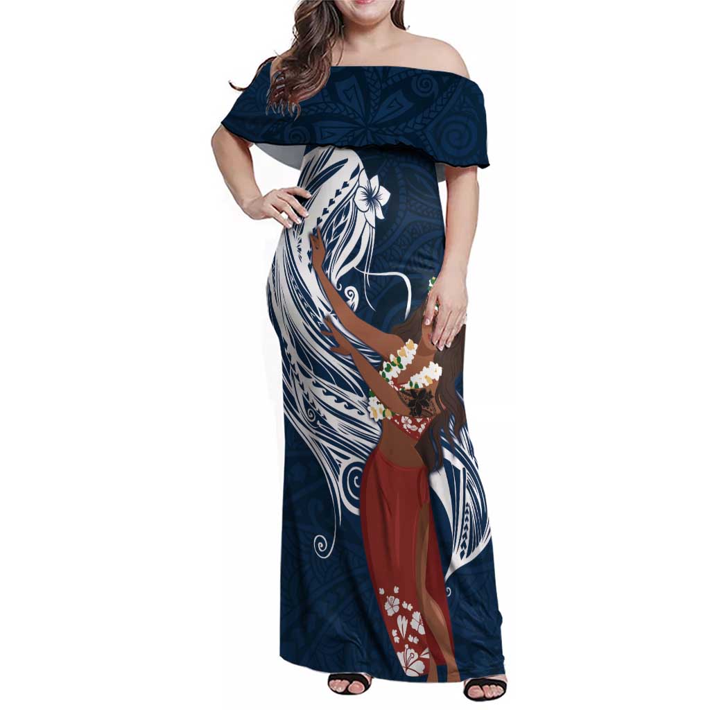 Tahiti Islands Polynesian Plumeria Family Matching Off Shoulder Maxi Dress and Hawaiian Shirt Tahitian Vahine 'Ote'a - Navy Blue LT7 Mom's Dress Blue - Polynesian Pride
